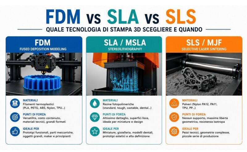 FDM vs SLA vs SLS: quale tecnologia di stampa 3D scegliere e quando