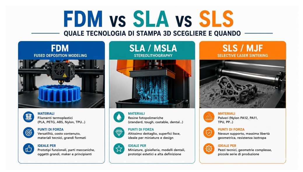 FDM vs SLA vs SLS: quale tecnologia di stampa 3D scegliere e quando